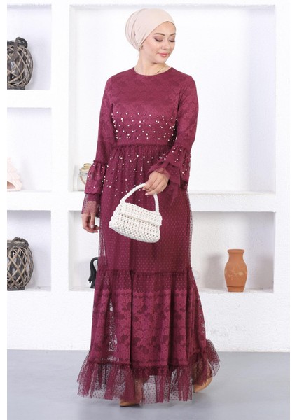 Incili Dantelli Volan Kol Abiye Bordo 12213 modelleri