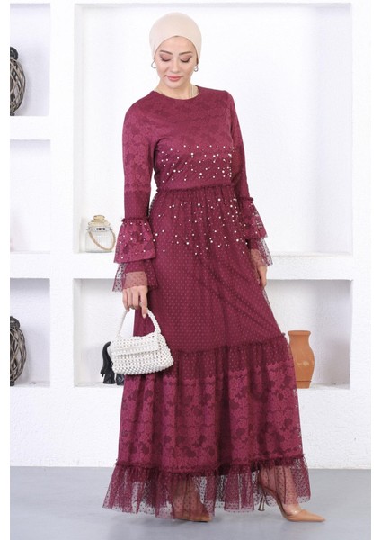Incili Dantelli Volan Kol Abiye Bordo 12213 fırsatları