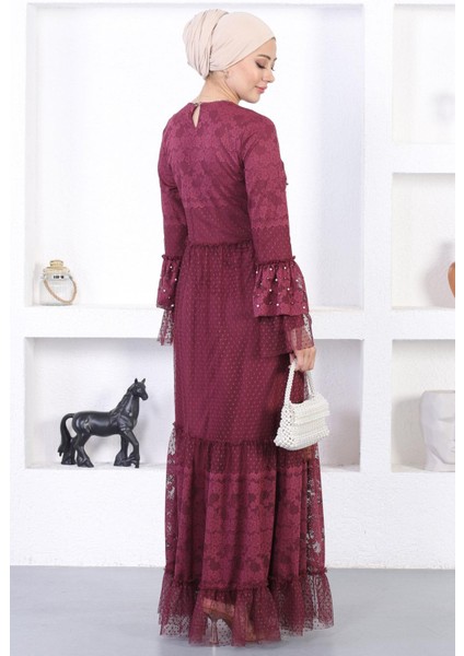 Incili Dantelli Volan Kol Abiye Bordo 12213 indirimleri