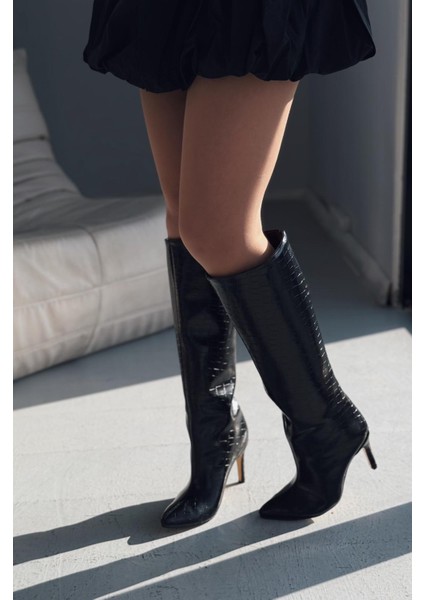 Oslanna Siyah Kroko Günlük Kadın Çizme