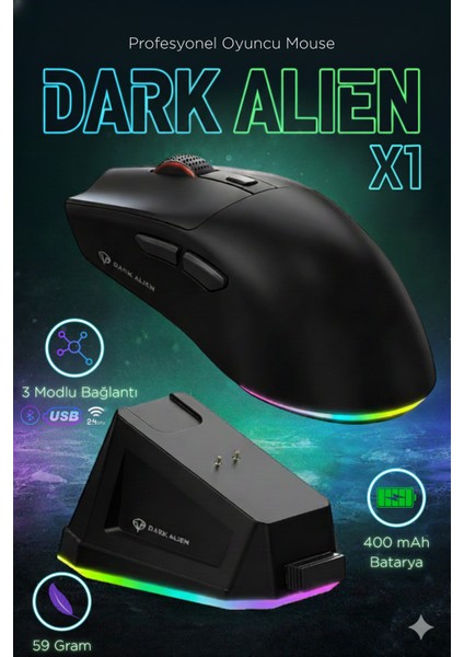 Dark Alien X1 Kablosuz 3 Modlu Ultra Hafif Oyuncu Mouse- 59 Gram 400 Mah Batarya- Makrolu