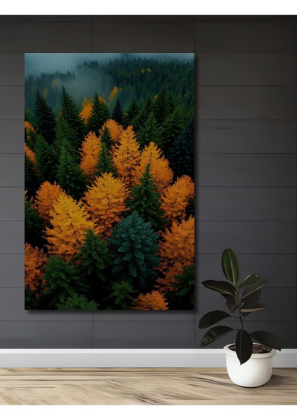 Sarı ve Yeşil Orman Manzarası Sulu Boya Görünümlü Dekoratif Ahşap Tablo Dikdörtgen Tablo