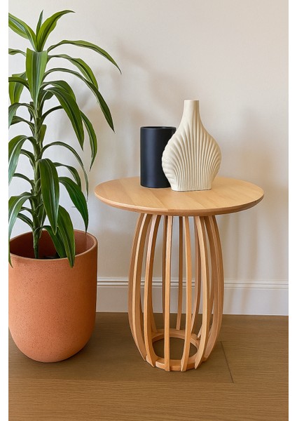 Palermo Yuvarlak Modern Klasik Rustik Retro Vintage Naturel Dekoratif Ahşap Çıtalı Yan Mantar Sehpa