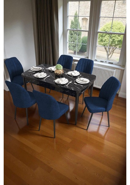 Bara Siyah Mermer 80X132 Açılabilir Sunta Masa Yemek Odası Takımı, Mutfak Takımı 6 Adet Sandalye