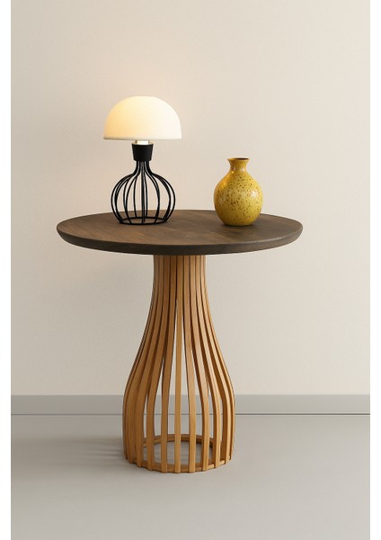 Palermo Yuvarlak Modern Klasik Rustik Retro Vintage Naturel Dekoratif Ahşap Çıtalı Eskitme Iskandinav Yan Orta Mantar Sehpa