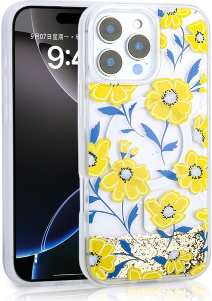 Spia iPhone 16 Pro Max Uyumlu Kılıf Sıvılı Simli Baskılı Şeffaf Arka Yüzey Spıa Mossa Silikon Kapak-Sarı