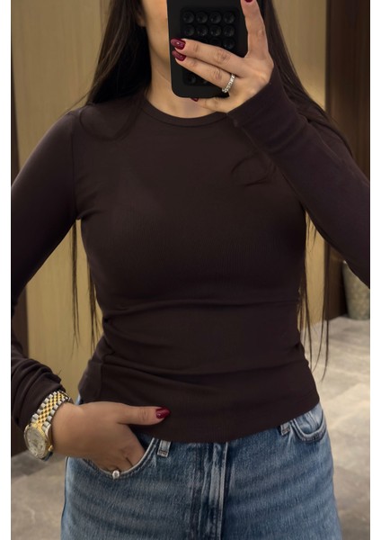 Parmak Geçmeli Uzun Kollu Body- Kahverengi fiyatları