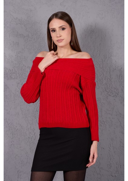 Kadın Kırmızı Şönil Kadife Carmen Yaka Triko Kazak