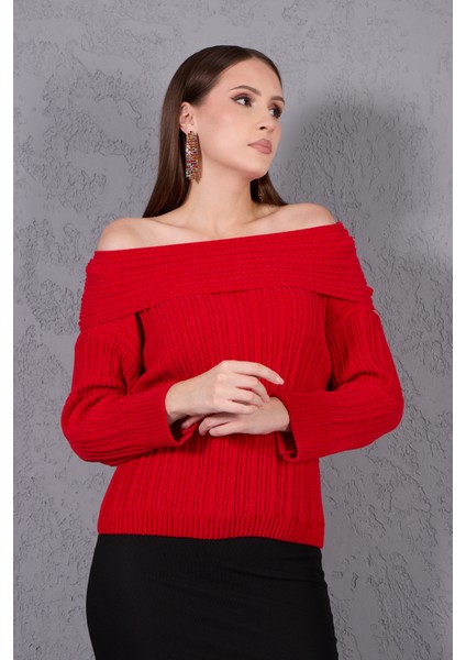 Kadın Kırmızı Şönil Kadife Carmen Yaka Triko Kazak fiyatları