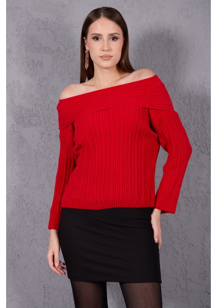 Kadın Kırmızı Şönil Kadife Carmen Yaka Triko Kazak modelleri