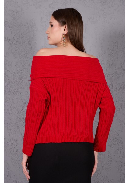 Kadın Kırmızı Şönil Kadife Carmen Yaka Triko Kazak fırsatları
