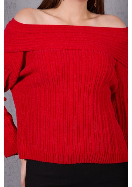 Kadın Kırmızı Şönil Kadife Carmen Yaka Triko Kazak indirimleri
