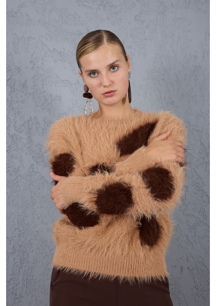 Bej-Kahve Sakal Iplik Desenli Bisiklet Yaka Triko Kazak fiyatları