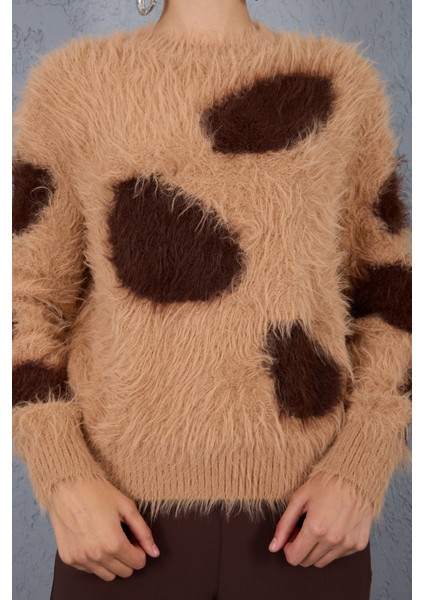 Bej-Kahve Sakal Iplik Desenli Bisiklet Yaka Triko Kazak indirimleri