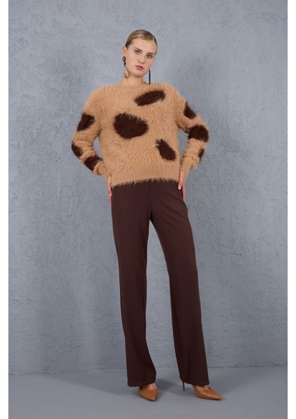 Bej-Kahve Sakal Iplik Desenli Bisiklet Yaka Triko Kazak