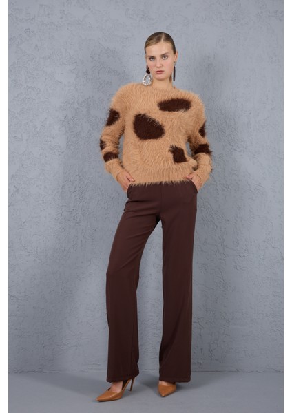 Bej-Kahve Sakal Iplik Desenli Bisiklet Yaka Triko Kazak