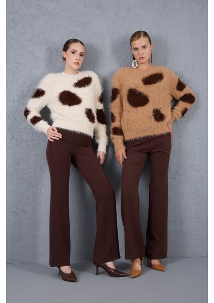 Bej-Kahve Sakal Iplik Desenli Bisiklet Yaka Triko Kazak