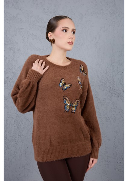 Kadın Kahve Sakal Iplik Önü Boncuk Nakışlı Balon Kollu Bisiklet Yaka Triko Kazak