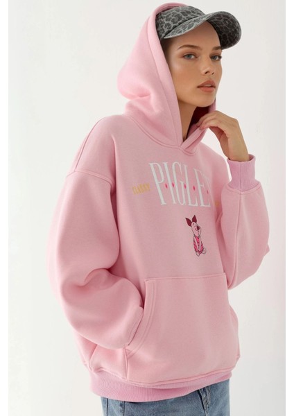 Kadın Oversize Baskılı Kapüşonlu Sweatshirt Parlak Pembe fiyatları