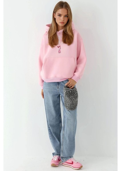 Kadın Oversize Baskılı Kapüşonlu Sweatshirt Parlak Pembe indirimleri