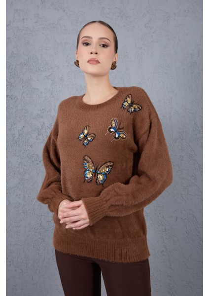 Kadın Kahve Sakal Iplik Önü Boncuk Nakışlı Balon Kollu Bisiklet Yaka Triko Kazak fiyatları