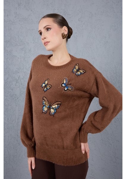 Kadın Kahve Sakal Iplik Önü Boncuk Nakışlı Balon Kollu Bisiklet Yaka Triko Kazak modelleri