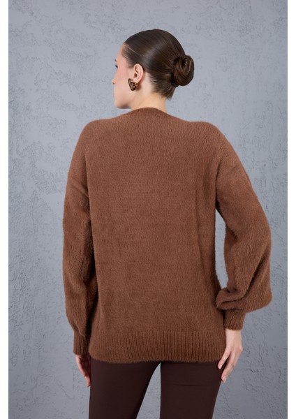 Kadın Kahve Sakal Iplik Önü Boncuk Nakışlı Balon Kollu Bisiklet Yaka Triko Kazak fırsatları