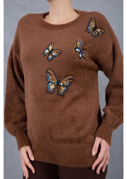 Kadın Kahve Sakal Iplik Önü Boncuk Nakışlı Balon Kollu Bisiklet Yaka Triko Kazak indirimleri