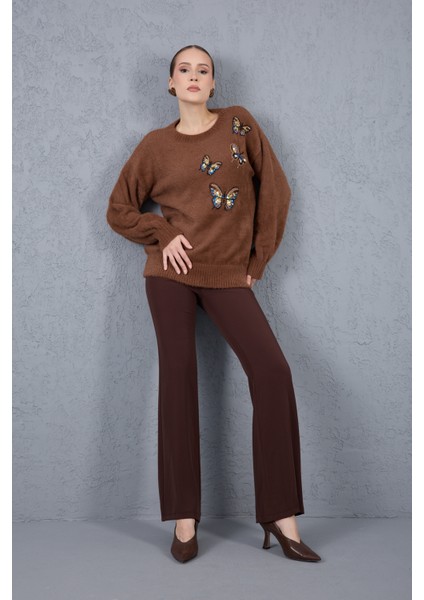 Kadın Kahve Sakal Iplik Önü Boncuk Nakışlı Balon Kollu Bisiklet Yaka Triko Kazak