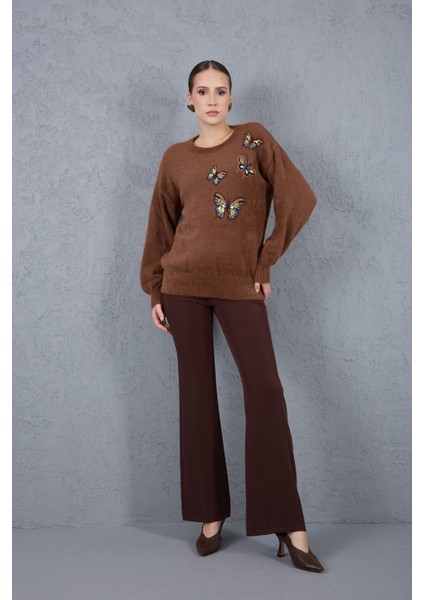 Kadın Kahve Sakal Iplik Önü Boncuk Nakışlı Balon Kollu Bisiklet Yaka Triko Kazak