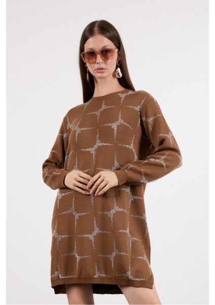 Kadın Taba Yan Yırtmaçlı Bisiklet Yaka Sim Desenli Triko Bluz fiyatları