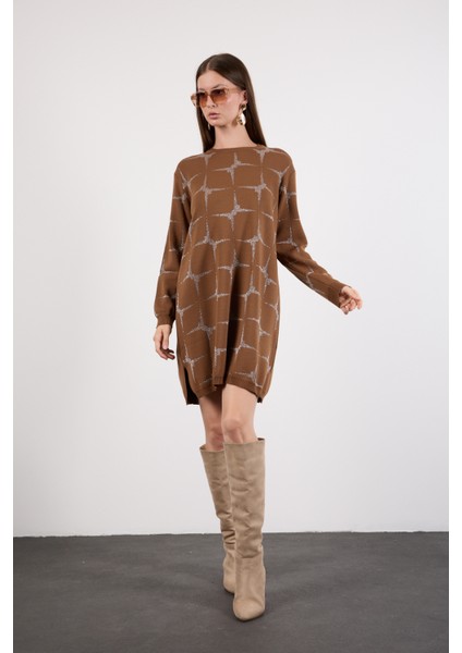 Kadın Taba Yan Yırtmaçlı Bisiklet Yaka Sim Desenli Triko Bluz indirimleri