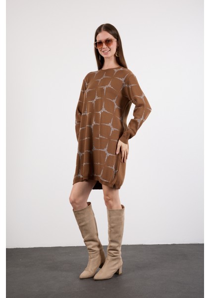 Kadın Taba Yan Yırtmaçlı Bisiklet Yaka Sim Desenli Triko Bluz