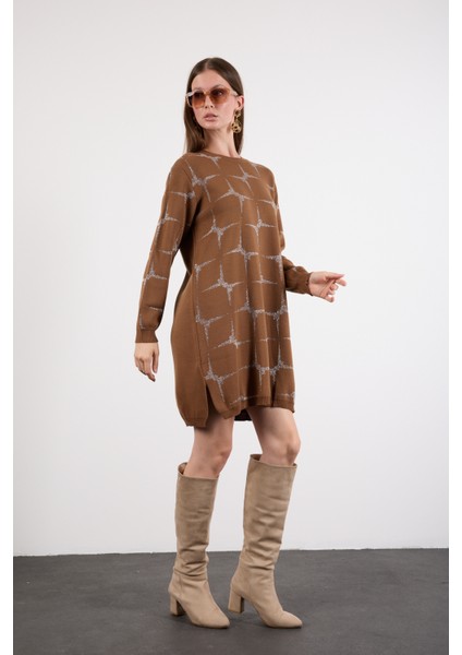 Kadın Taba Yan Yırtmaçlı Bisiklet Yaka Sim Desenli Triko Bluz