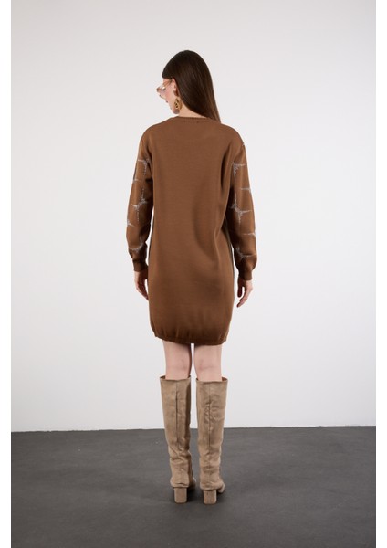 Kadın Taba Yan Yırtmaçlı Bisiklet Yaka Sim Desenli Triko Bluz