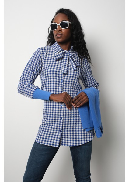 Kadın Mavi Fitilli Triko Süveter ve Kareli Gömlek Ikili Kombin fiyatları