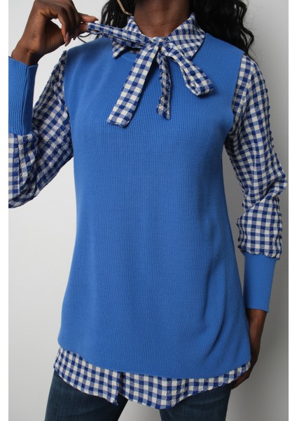 Kadın Mavi Fitilli Triko Süveter ve Kareli Gömlek Ikili Kombin modelleri