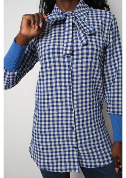 Kadın Mavi Fitilli Triko Süveter ve Kareli Gömlek Ikili Kombin fırsatları