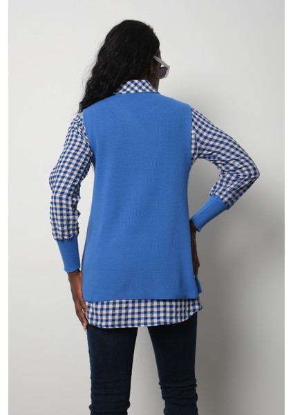 Kadın Mavi Fitilli Triko Süveter ve Kareli Gömlek Ikili Kombin indirimleri