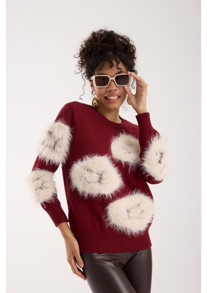 Kadın Bordo Sakal Iplik Bisiklet Yaka Triko Kazak