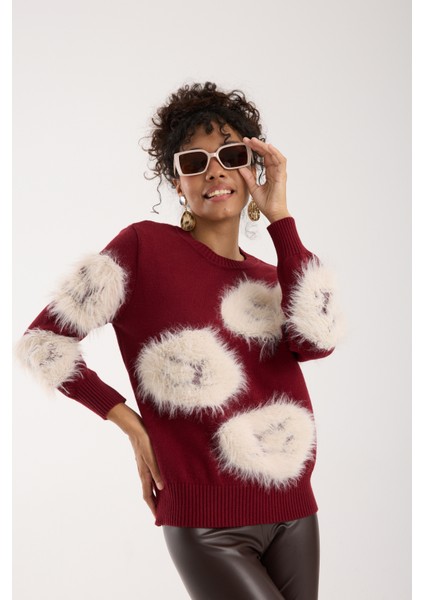 Kadın Bordo Sakal Iplik Bisiklet Yaka Triko Kazak modelleri