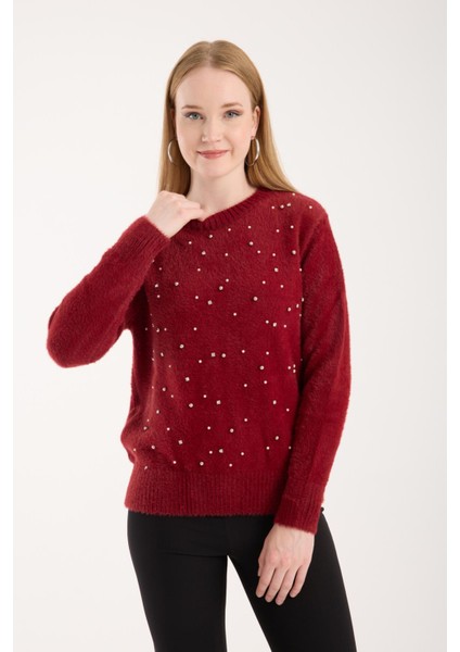 Kadın Bordo Bisiklet Yaka Taş ve Inci Işlemeli Triko Kazak