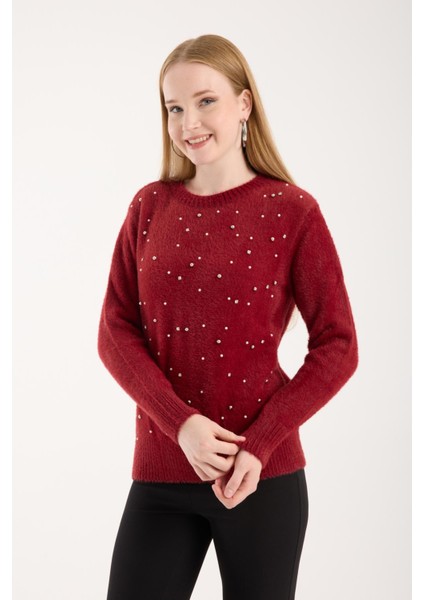 Kadın Bordo Bisiklet Yaka Taş ve Inci Işlemeli Triko Kazak fiyatları