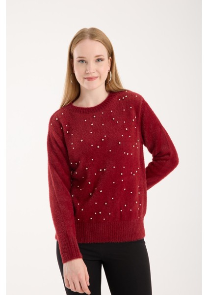 Kadın Bordo Bisiklet Yaka Taş ve Inci Işlemeli Triko Kazak modelleri