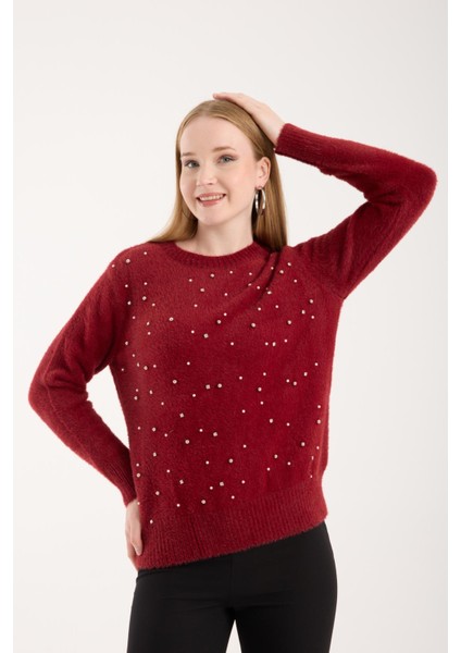 Kadın Bordo Bisiklet Yaka Taş ve Inci Işlemeli Triko Kazak fırsatları