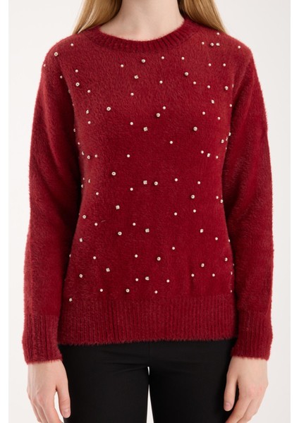 Kadın Bordo Bisiklet Yaka Taş ve Inci Işlemeli Triko Kazak