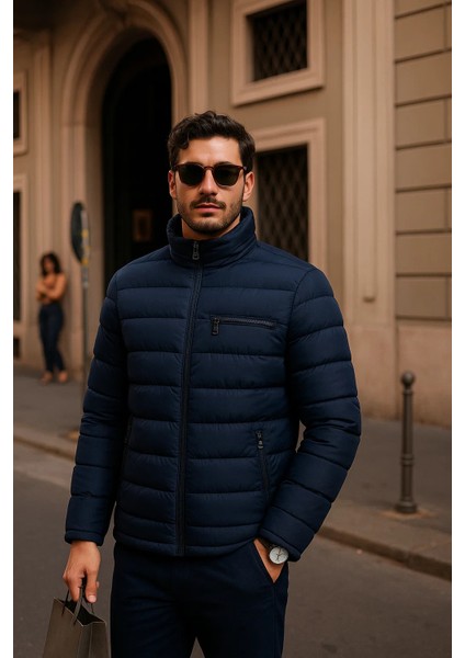 Erkek Comfort Fermuarlı Günlük Kışlık Lacivert Şişme Mont