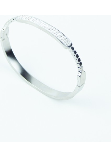 Zirkon Taşlı Çelik Kelepçe Bileklik