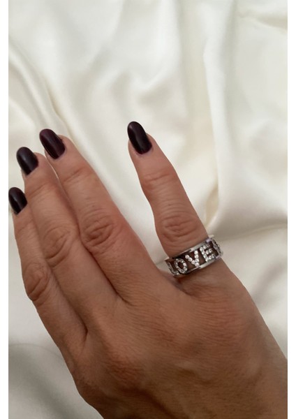 Love Yazılı Zirkon Taş Gümüş Renk Yüzük