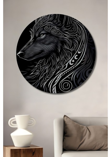 Büyülü Kurt Tribal Desenli Yağlı Boya Görünümlü Ahşap Dekoratif Tablo Yuvarlak Tablo